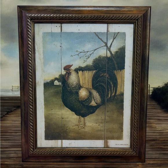 🔻Vintage🔻David Carter Brown, Rustic Rooster Framed Artwork, 17.50"' X 14" 🐔 - Picture 1 of 6